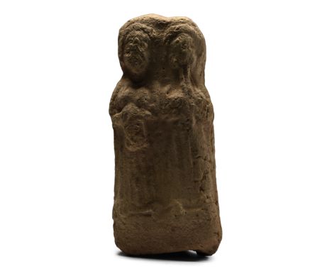 1st millennium B.C. Hollow-formed D-section figure of two musicians standing side-by-side in floor-length robes, one with a w