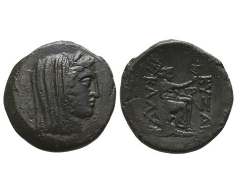  300-200 BC. Veiled and wreathed head of Demeter to right / ΒΥZΑN ΚΑΛΧΑ, Poseidon seated to right on rock, holding aphlaston 