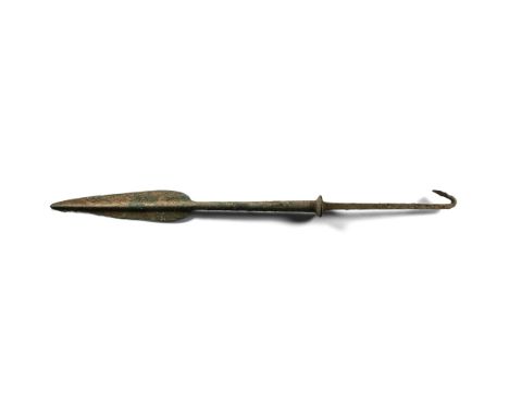 3rd-2nd millennium B.C. Comprising a leaf-shaped blade with raised midrib extending to the round-section long shank, raised c