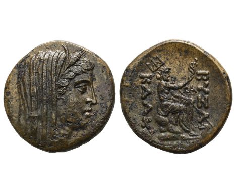  300-200 BC. Veiled and wreathed head of Demeter to right / ΒΥZΑN[...] ΚΑΛΧΑ[...], Poseidon seated to right on rock, holding 