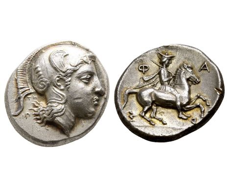 Signed by the engraver ΤΗΛΕΦΑΝΤΟΣ (Telephantos) and ΙΠ- (Ip-). Late 5th-mid 4th century BC. Head of Athena to right, wearing 