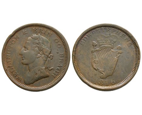 Designs by Isaac Parkes. 1816. WELLINGTON &amp; ERIN GO BRAGH, laureate and draped bust to left; I PARKES in small lettering 