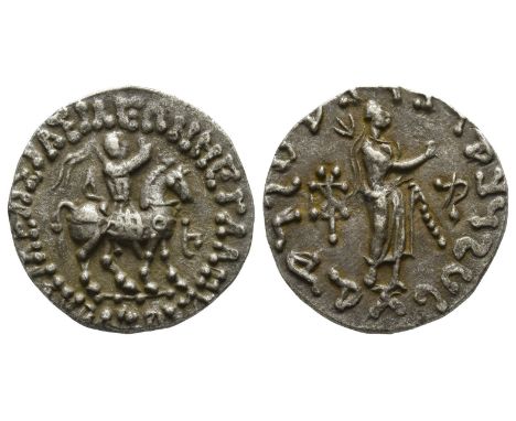  Circa 58-12 BC. ΒΑΣΙΛΕΩΣ ΒΑΣΙΛΕΩΝ ΜΕΓΑΛΟΥ ΑΖΟΥ, king on horseback to right, holding whip; 'la' in Kharosthi before / Athena 