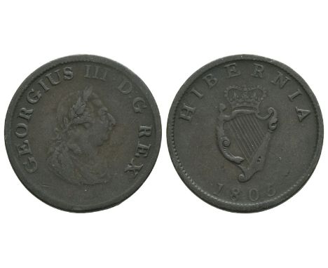 Soho (Birmingham) mint. Dated 1805. 1760-1820. GEORGIUS III • D : G REX, laureate bust to right / HIBERNIA, crowned harp, dat