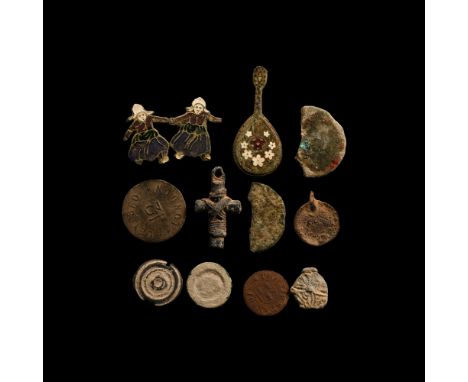 17th-19th century A.D. Including a mandolin pendant with millefiori inlay; jettons, enamelled badge of two girls in Dutch cos