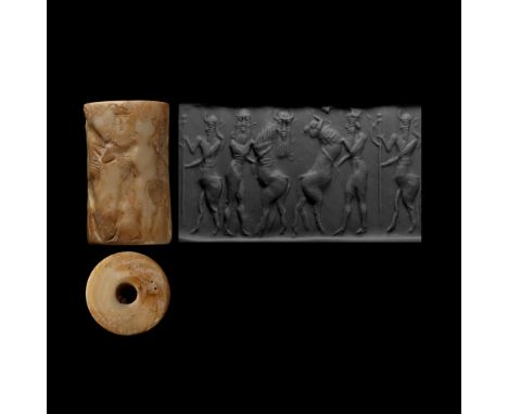 2350-2200 B.C. Representing a god with horned helmet, half animal and half man, standing on the left and holding a staff, nea