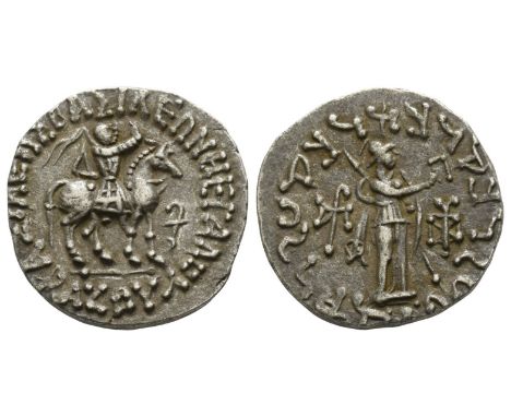  Circa 58-12 BC. ΒΑΣΙΛΕΩΣ ΒΑΣΙΛΕΩΝ ΜΕΓΑΛΟΥ ΑΖΟΥ, king on horseback to right, holding whip; letter in Kharosthi before / Athen
