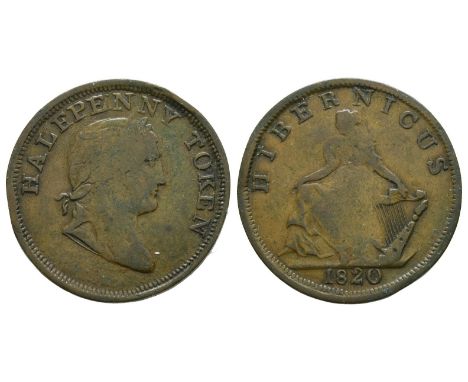 Design by Isaac Parkes. 1820. HALFPENNY TOKEN, laureate bust to right / HIBERNICUS, Hibernia seated to left, supporting harp 