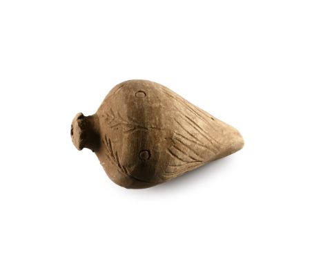 9th-11th century A.D. Piriform in profile with narrow point and domed mouth; vertical strokes to the lower body, a band of an