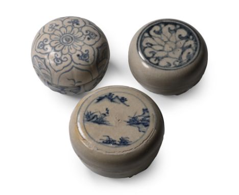 15th century A.D. Comprising three powder boxes, two with painted floral motifs, one with a landscape. Cf. Chunming, W., Earl