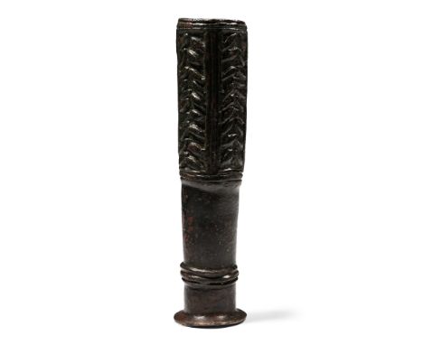Early 2nd millennium B.C. Of tapering cylindrical form with flange to socket, the upper body displaying vertical columns of c