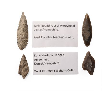 Neolithic Period, 6000-4500 B.C. Comprising two leaf-shaped and two tanged examples.  7.98 grams total, 28-45 mm (1 1/8 - 1 3
