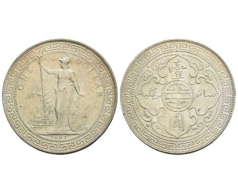 Bombay mint. Dated 1897. Trade Coinage. Designs by George William de Saulles. Queen Victoria, 1837-1901. ONE DOLLAR 1897, Bri