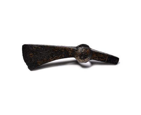 9th century A.D. With narrow straight blade, shank to the rear with square hammer-face, inlaid geometric and vegetal ornament
