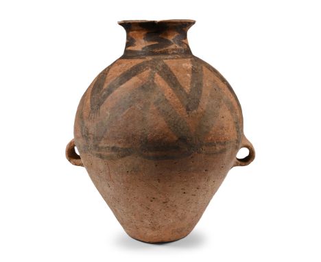 Neolithic Period, 3rd millennium B.C. Piriform bodied and painted with a figurative frog design; two loop handles to the equa
