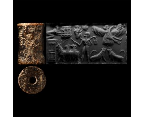 3rd-2nd millennium B.C. Cotton-reel type seal with incuse frieze including standing figure with whip, water-bearer, opposed b