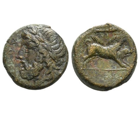  Circa 3rd century BC. Laureate head of Zeus to left; [ΔAI]OY before, [thunderbolt behind] / Boar running to right; spearhead