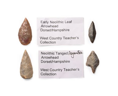 Neolithic Period, 6000-4500 B.C. Comprising two leaf-shaped, one lentoid, and one tanged.  7.4 grams total, 26-34 mm (1 - 1 3