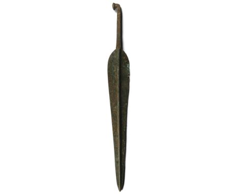 Early 2nd millennium B.C. Leaf-shaped blade with a raised midrib, rectangular-section tang bent to a right-angle with a knop 