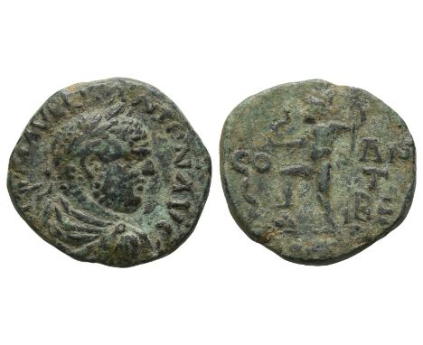  AD 198-217. IMP M AVRELI ANTON AVG, laureate, draped, and cuirassed bust to right / Poseidon standing to left, foot on rock,