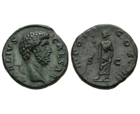 Rome mint; struck AD 137. AD 136-138. L AELIVS CAESAR, bare head to right / TR POT COS • II, Spes advancing to left, holding 