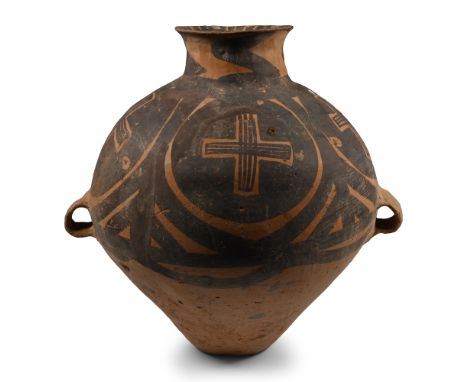 Neolithic Period, 3rd millennium B.C. Piriform bodied and painted with a figurative frog design; two loop handles to the equa