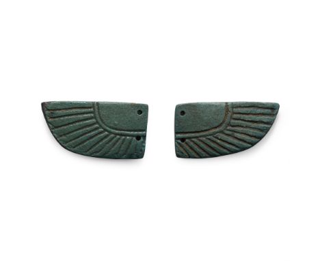 Late Period, 664-332 B.C. Each flat-section with a band of feathers within the border, two attachment holes. Cf. Tinius, I., 