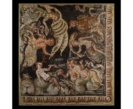 Circa 270-350 A.D. At the centre of the mosaic a company of three Nereid-nymphs riding across the sea on the back of two fish