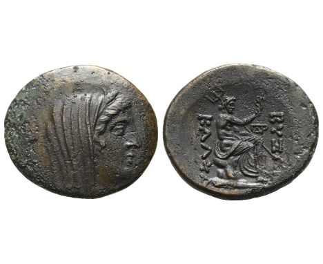  300-200 BC. Veiled and wreathed head of Demeter to right / ΒΥZΑN ΚΑΛΧΑ, Poseidon seated to right on rock, holding aphlaston 