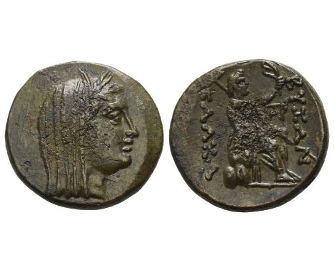  300-200 BC. Veiled and wreathed head of Demeter to right / ΒΥZΑN ΚΑΛΧΑ, Poseidon seated to right on rock, holding aphlaston 