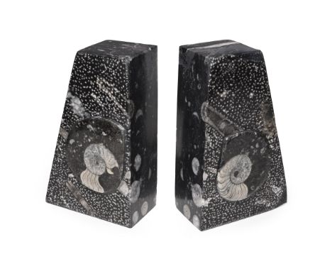 Devonian Period, circa 400 million years B.P. Comprising two quadrilateral bookend carved from fossiliferous stone, each set 