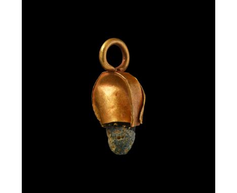 9th-11th century A.D. or earlier Comprising a D-shaped gold cap with integral loop above, inset glass bead.  1.30 grams, 19 m