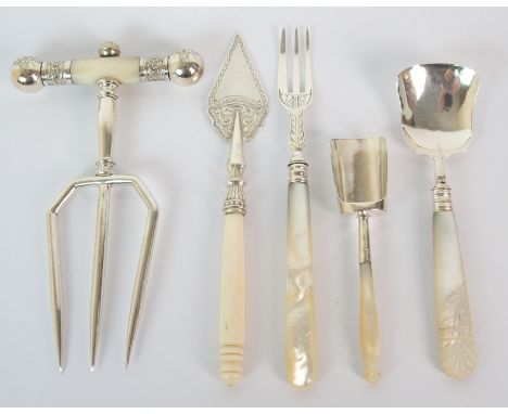 A Victorian silver and Ivory handled butter spade by William Davenport, Birmingham 1896 with a mother of pearl handled pickle