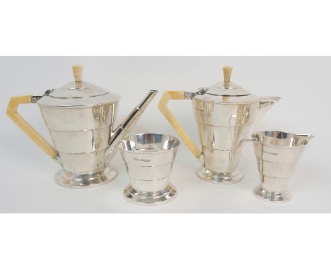 An Art Deco four piece silver tea service by Cullingwood & Sons Limited, Sheffield 1935, of cylindrical tapering form, the st