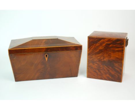 A 19th Century mahogany and parquetry inlaid tea caddy with hinged lid, two division interior with glass mixing bowl, 17cm hi