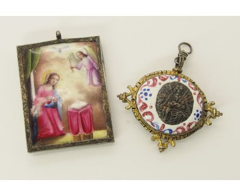 A Russian Porcelain plaque pendant of Mary and Gabriel, in silver frame stamped 84 with makers mark, signed to the reverse, w