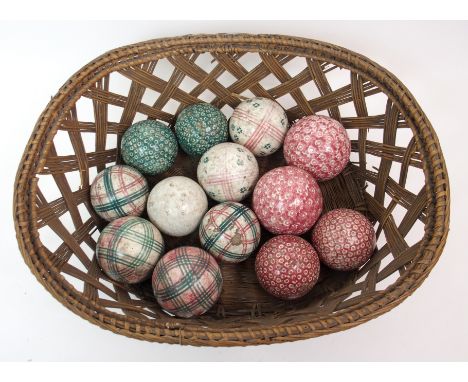 Twelve 19th Century Victorian Scottish pottery carpet bowls with assorted spongeware and concentric line decoration, and a wh