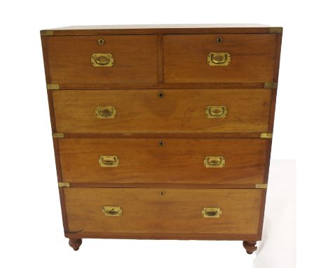 A mahogany Ross & Co, Dublin campaign chest the upper section with two short and one long drawer, the lower section with two 