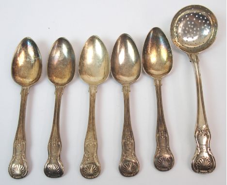 A set of five Irish silver teaspoons by Smith & Gamble, Dublin 1825, double struck in the Queen's pattern with a similar suga