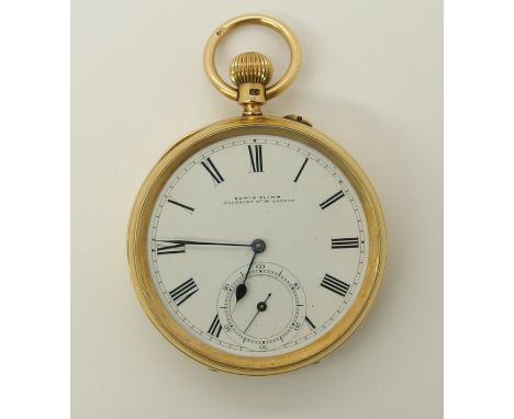 An 18ct gold open face pocket watch with white enamel dial with black Roman numerals, and subsidiary seconds dial. Dial and m