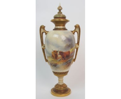 A Harry Stinton for Royal Worcester two-handled urn and cover the body painted with two highland cattle in a mountainous land