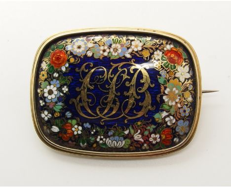 A bright yellow metal champleve enamel brooch with a floral theme and locket back, dimensions 4.5cm x 3.5cm, weight 20.4gms