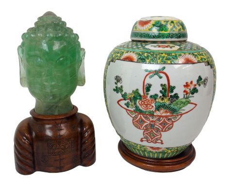 A Burmese fluorite Buddha head table lamp on carved wood torso base, 33cm high and a Chinese famille verte jar and cover pain