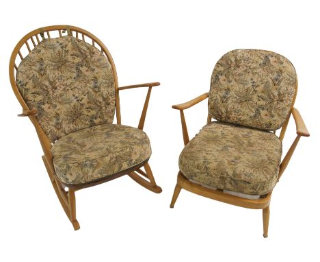 An Ercol Windsor rocking chair with cushions, 96cm high and an Ercol Windsor armchair with cushions, 76cm high (2)