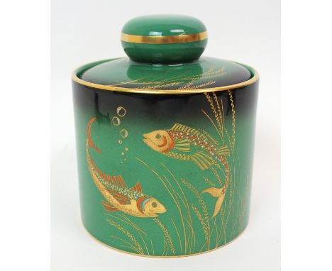 A Carlton Ware for Dunhill 1930s tobacco jar decorated in the River Fish pattern, each side decorated with gilt and enamel aq