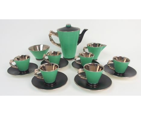 A 1930s Art Deco Carlton Ware Bathing Belle pattern coffee service comprising coffee pot, milk jug, sugar bowl, six cups and 