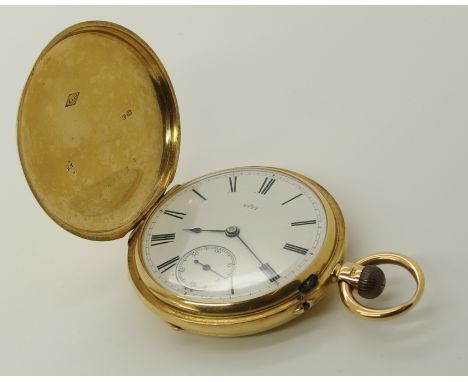 An 18ct gold full hunter pocket watch with white enamel dial with black Roman numerals, blued steel hands and subsidiary seco