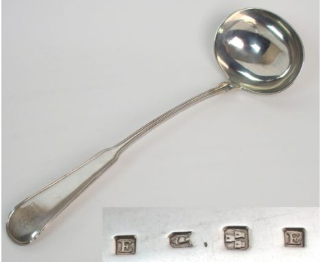 A Scottish Provincial silver soup ladle by James Erskine, Aberdeen circa 1796, in the fiddle pattern, the terminal bearing a 