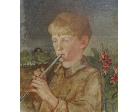 PHOEBE ANNA TRAQUAIR HRSA (SCOTTISH 1852 - 1936) STUDY OF BOY PLAYING A PIPE Oil on panel, circa 1912, 40.5cm x 36cm (16 x 14