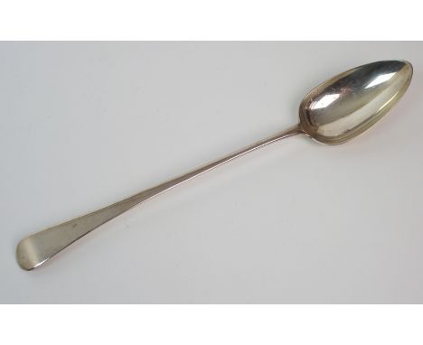 A George III silver basting spoon probably by Richard Crossley, London 1795, with oval bowl and plain stem, 28.5cm long, 3oz